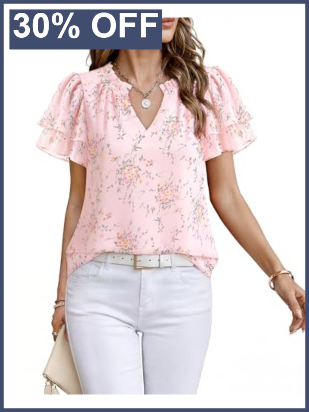 Womens Chiffon Ruffle Sleeve V-Neck Blouse Business Work Top